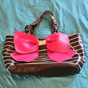 Betsey Johnson Stylish Bow Pink and Black Striped Women's Bag